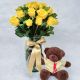 florero con 24 rosas amarillas con oso de peluche 