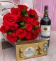 bouquet de rosas rojas con botella de vino y caja de chocolates ferrero por 8 und |envio a domicilio en colombia - envia las mejores flores a colombia 
